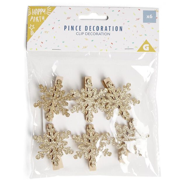 Pince de décoration flocon de neige doré x6
