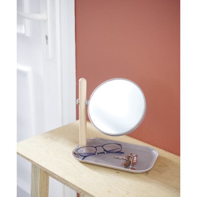 Miroir &agrave; poser rond double face avec plateau de rangement 22x14xH23cm