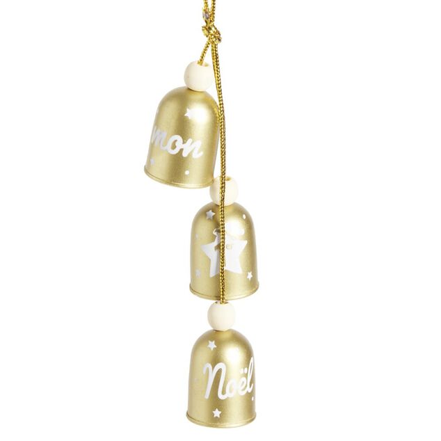Suspension 3 clochettes "Mon 1er No&euml;l" rouge ou dor&eacute;e H10cm- 2 mod&egrave;les
