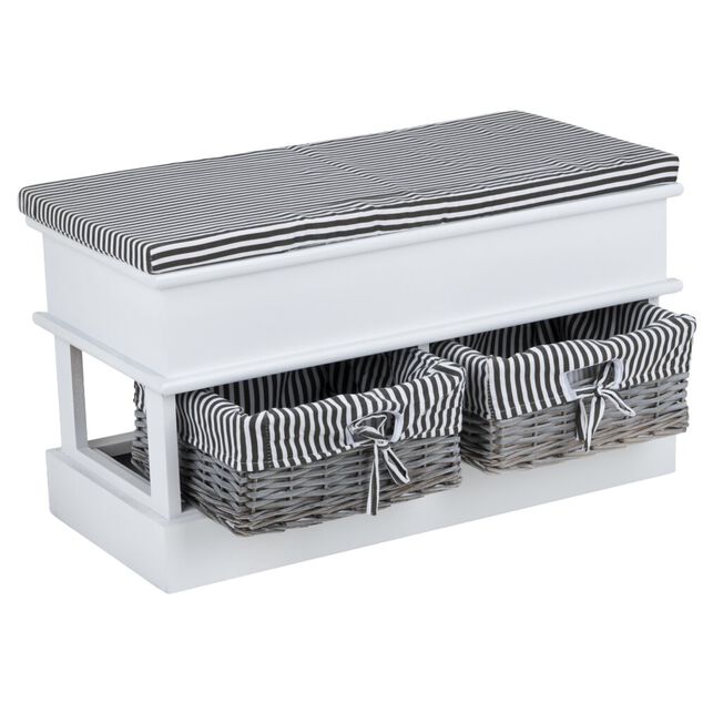 Banc de rangement bois blanc avec 2 pani&egrave;res osier et tissu ray&eacute; noir 70x35xH40cm