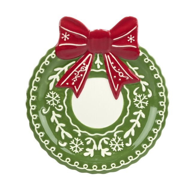Assiette &agrave; dessert dolomite forme couronne de No&euml;l &Oslash;20XH2,5 cm vert et rouge