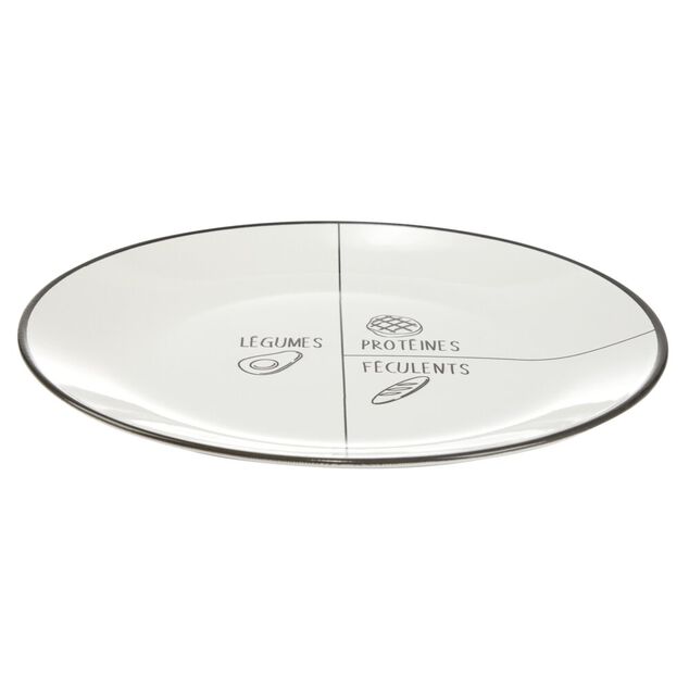 Assiette plate ronde motif emplacement l&eacute;gumes prot&eacute;ines f&eacute;culents fa&iuml;ence &Oslash;26cm