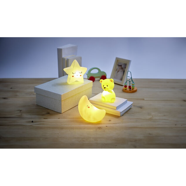 Veilleuse &agrave; LED ourson/lune/&eacute;toile H12,5cm-3 mod&egrave;les