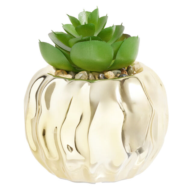 Plante grasse artificielle pot c&eacute;ramique dor&eacute; ou argent&eacute; &Oslash;9xH9cm (2 mod&egrave;les)