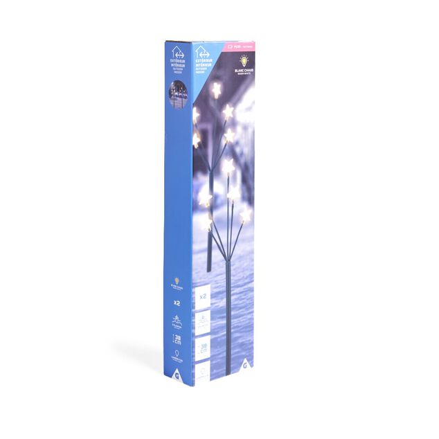 Lot de 2 piques lumineux &agrave; planter 5 tiges &eacute;toile LED blanc chaud H38cm