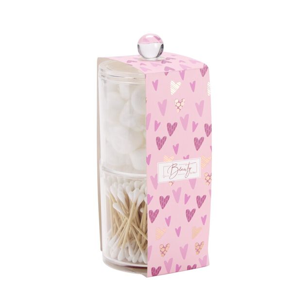 Rangement cosm&eacute;tique plastique transparent avec coton et coton tige bambou &Oslash;10xH19cm