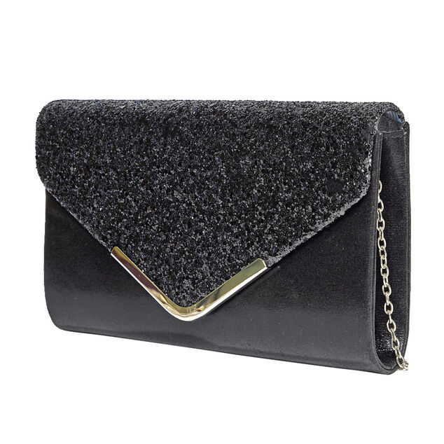 Sac pochette de soirée satiné et pailleté 24x5,6xH14cm - 2 modèles noir ou doré