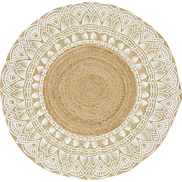 Tapis rond jute motif contour blanc