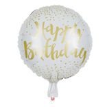Ballon alu anniversaire Happy Birthday blanc et doré Ø45cm