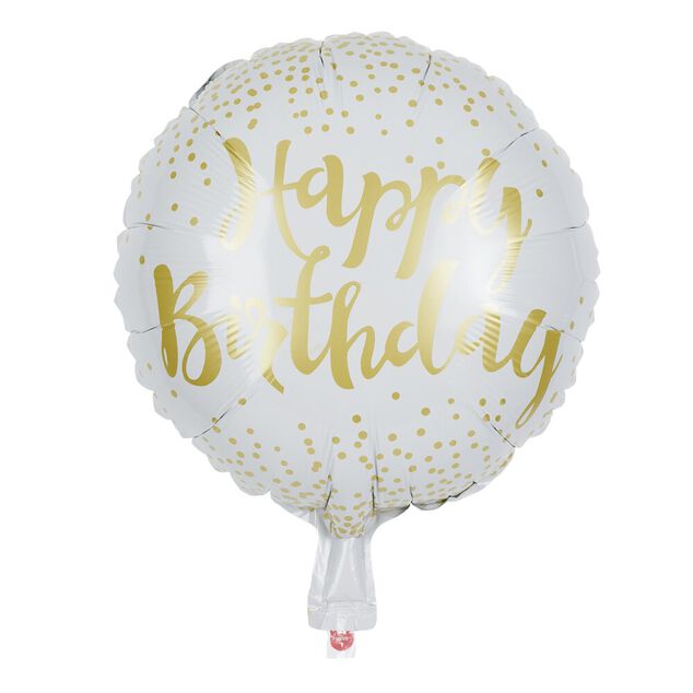 Ballon alu anniversaire Happy Birthday blanc et doré Ø45cm