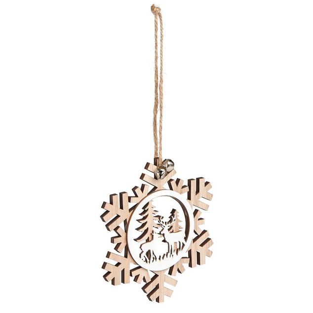 Suspension village de No&euml;l dans flocon en bois H12cm - 2 mod&egrave;les