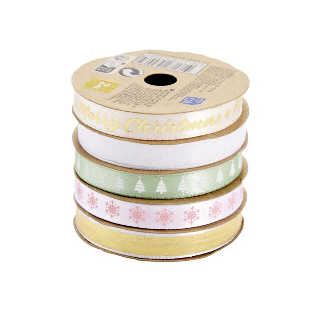 Ruban No&euml;l x5 en tissu th&egrave;me pastel 2m
