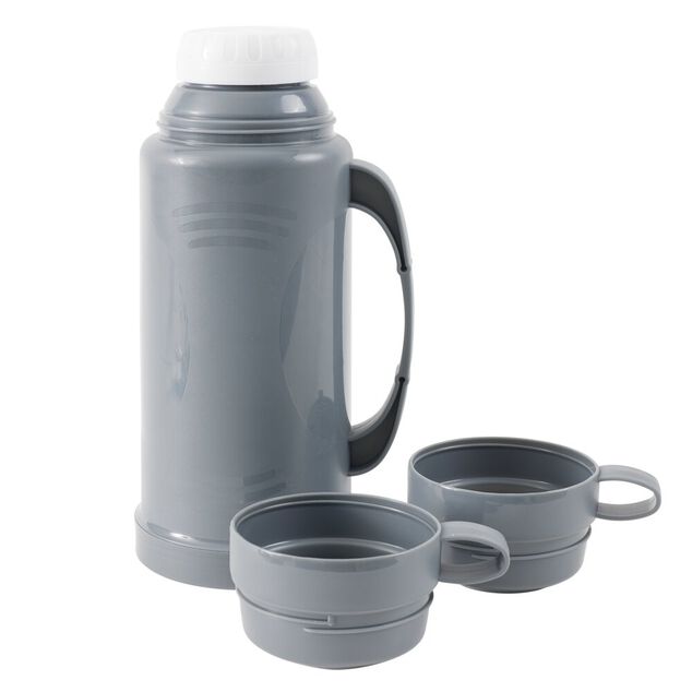 Bouteille thermos 1L avec 2 tasses int&eacute;gr&eacute;es gris fonc&eacute; &Oslash;11xH31,5cm