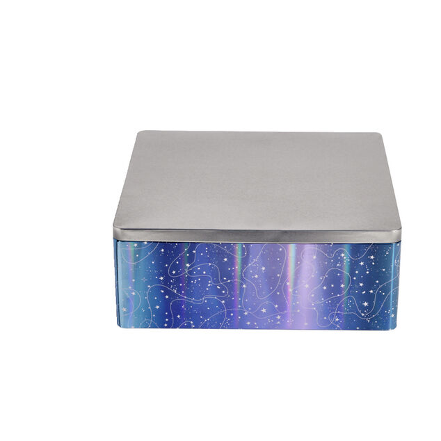 Bo&icirc;te alimentaire carr&eacute; en fer d&eacute;cor bleu et argent&eacute; 26x26xH10cm
