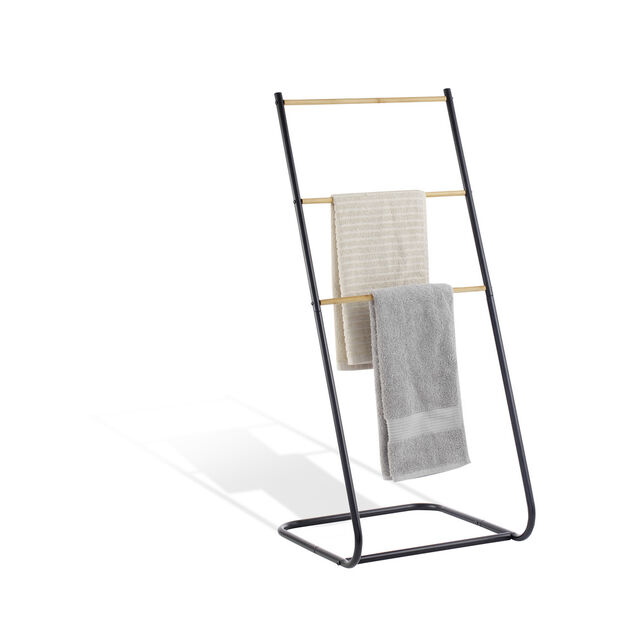 Porte-serviette 3 niveaux bambou et m&eacute;tal noir 40x43xH91cm