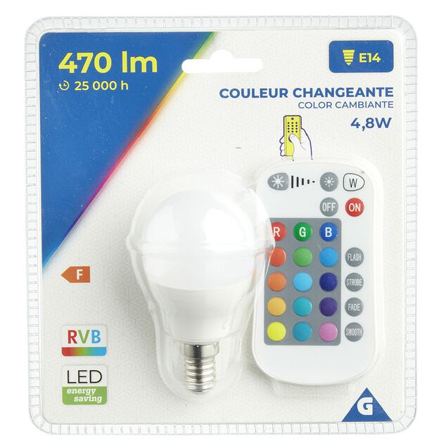 Ampoule LED E14 G45 couleurs changeantes avec t&eacute;l&eacute;commande 470lms