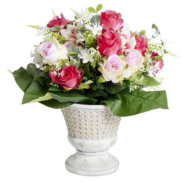 Composition florale artificielle multifleurs roses vasque ciment &Oslash;42xH43cm
