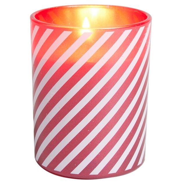 Bougie de No&euml;l dans verre rouge et blanc senteur pomme cannelle 40H - &Oslash;8xH10cm