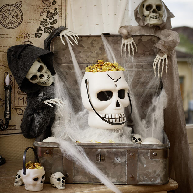 Seau &agrave; bonbons Halloween t&ecirc;te de mort blanc et noir