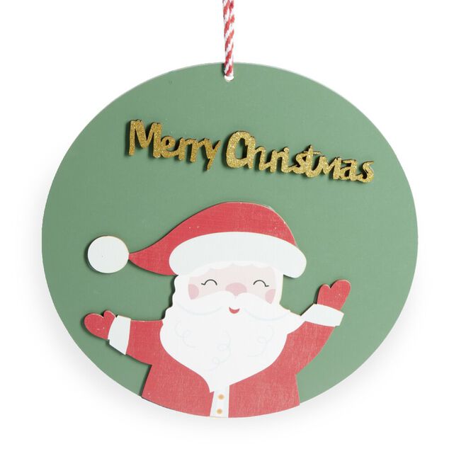 Pancarte ronde en bois P&egrave;re No&euml;l rouge et vert &Oslash;30cm