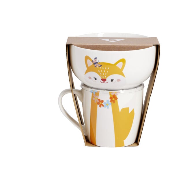 Ensemble bol et mug en porcelaine motif enfant motif renard H15cm