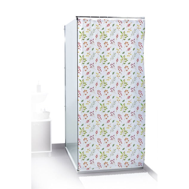 Rideau de douche motif feuillage et floral blanc vert rouge 180x200cm