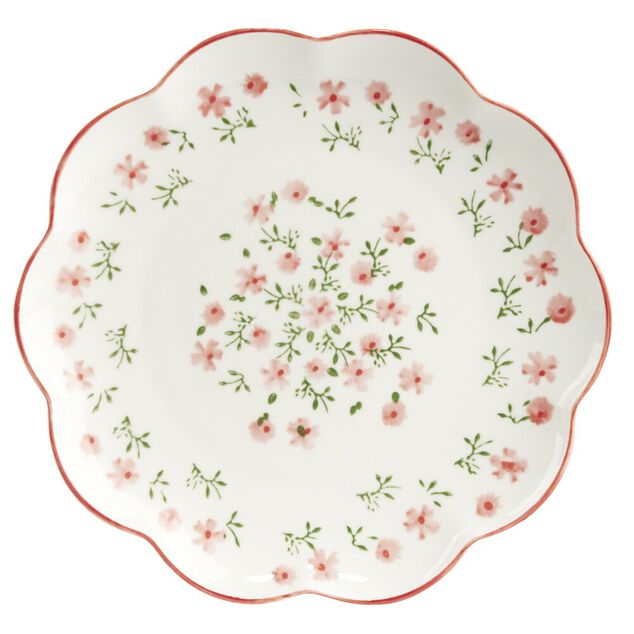 Assiette &agrave; dessert ronde Feston porcelaine blanche motif floral rose &Oslash;22cm
