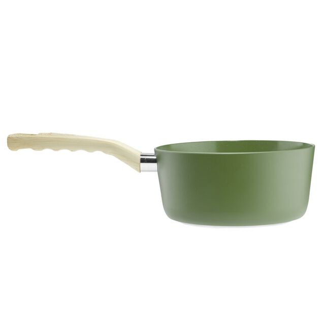 Casserole rev&ecirc;tement c&eacute;ramique vert olive poign&eacute;e effet bois &Oslash;18cm tous feux