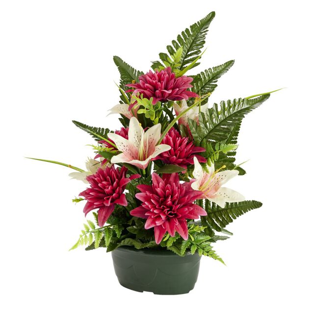 Composition florale artificielle dahlias et lys rouges jardini&egrave;re L37xH45cm