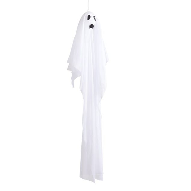 Fant&ocirc;me Halloween &agrave; suspendre LED anim&eacute; et lumineux polyester blanc &Oslash;9xH80cm