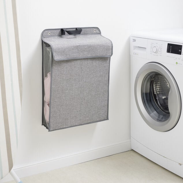 Panier &agrave; linge mural pliant tiss&eacute; gris 40,5x15xH57cm
