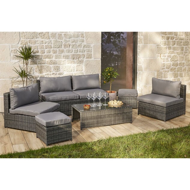 Salon de jardin Imbrik 6 places plastique tress&eacute; et acier gris (6 pi&egrave;ces)