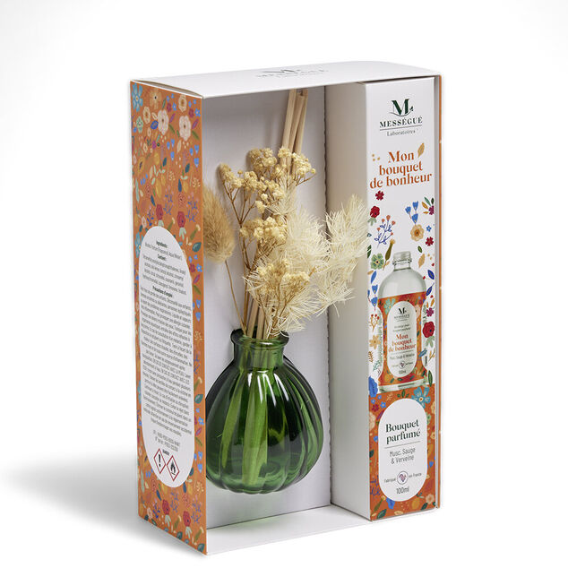 Diffuseur b&acirc;tonnets fleurs s&eacute;ch&eacute;es et recharge Mess&eacute;gu&eacute; musc sauge verveine 100ml
