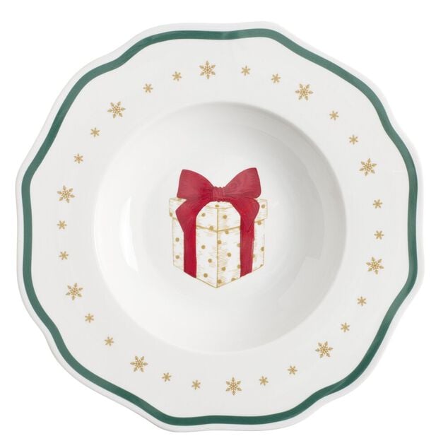 Assiette creuse imprim&eacute; boule de No&euml;l contour vague bleu fa&iuml;ence &Oslash;22 cm