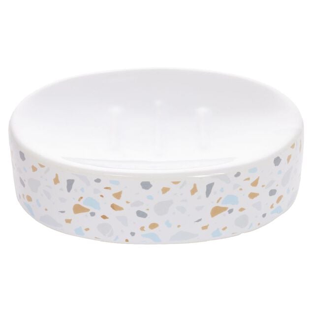 Porte-savon c&eacute;ramique motif terrazzo blanc et bleu 13x8,5xH3cm