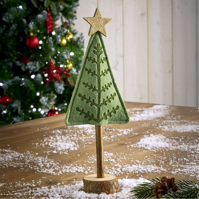 Sapin feutrine et bois &agrave; poser H27cm