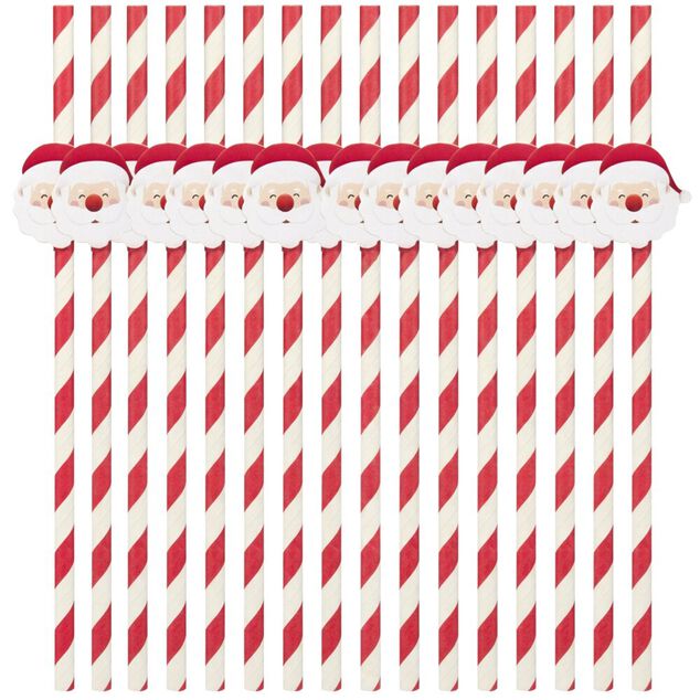 Paille papier X15 pcs rayé Père Noël H25 cm rouge et blanc