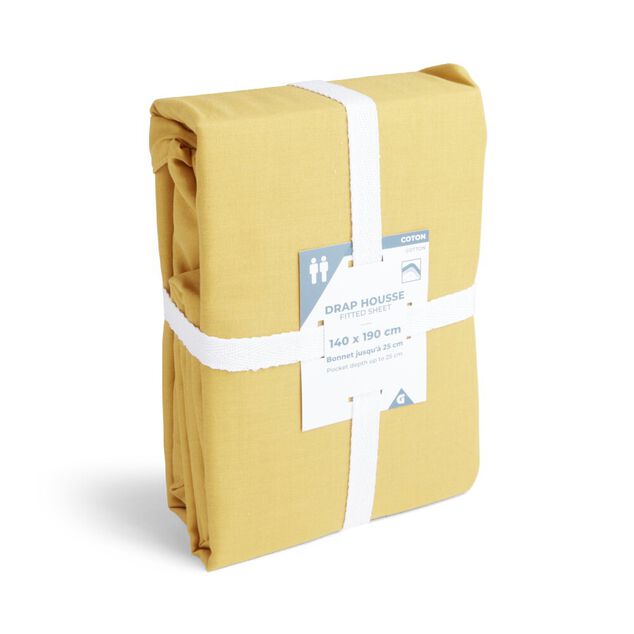 Drap housse 140x190cm 100% coton jaune moutarde
