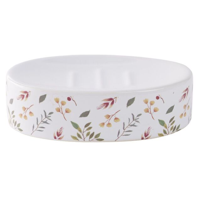 Porte-savon c&eacute;ramique motif floral blanc et rose 13x8,5xH3cm