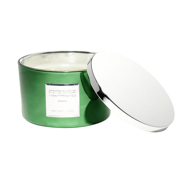 Bougie avec couvercle pot m&eacute;tallis&eacute; gris et vert senteur sapin 30H