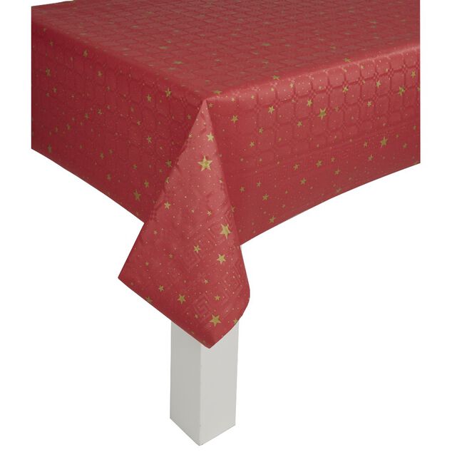 Nappe damass&eacute;e rouge et &eacute;toiles dor&eacute;es