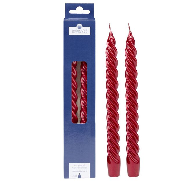 Bougie cire X2 pcs forme flambeau torsad&eacute; H25 cm rouge