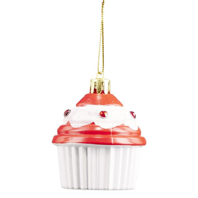 D&eacute;coration de No&euml;l cupcake &agrave; suspendre rouge et blanc H.6 cm