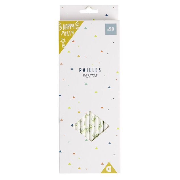 Paille bambou blanche motif feuillage x50 - Ø0,6 x H19,7cm