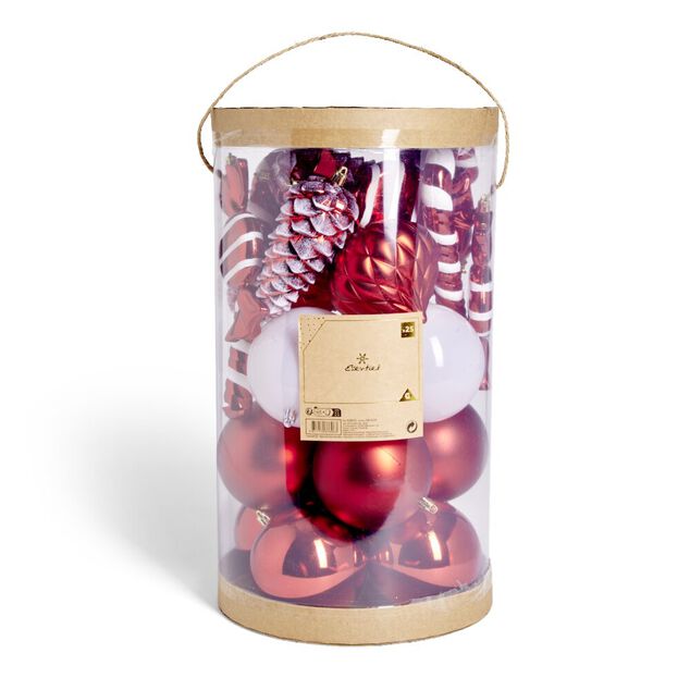 Kit d&eacute;coration de sapin format XL blanc et rouge 25 pi&egrave;ces