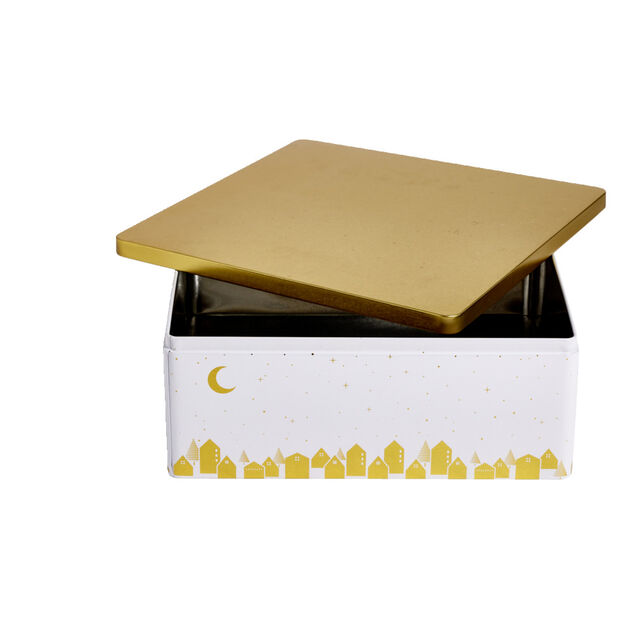 Bo&icirc;te alimentaire carr&eacute; en fer d&eacute;cor dor&eacute; 26x26xH10cm