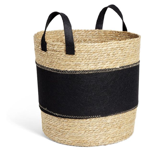 Panier &agrave; linge 52L jonc de mer et feutrine noir &Oslash;37xH38cm