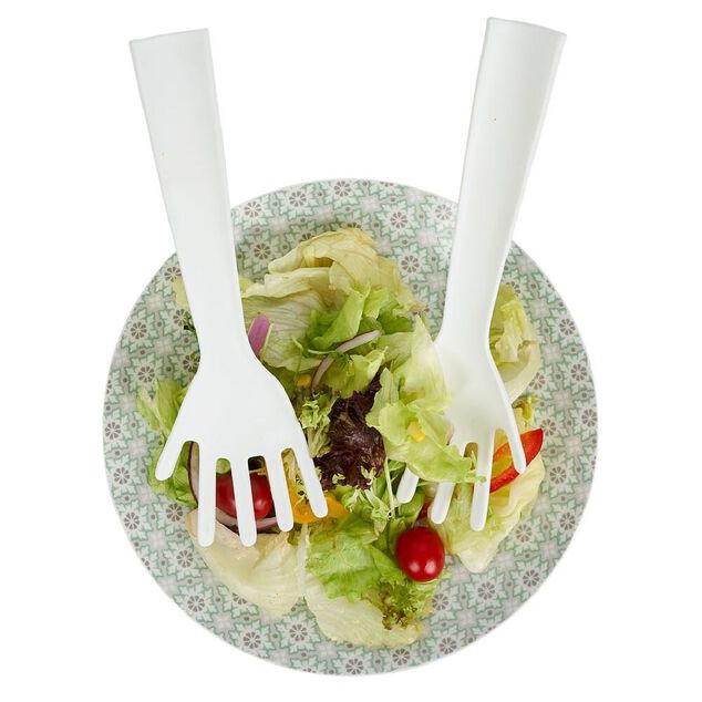 Lot de 2 couverts à salade forme main plastique blanc