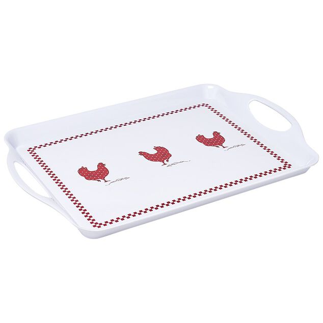 Plateau rectangulaire design poule m&eacute;lamin&eacute; rouge et blanc