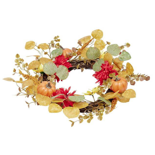 Couronne artificielle automne fleurs feuilles et citrouilles &Oslash;45cm